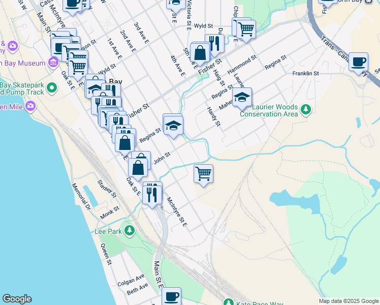 map of restaurants, bars, coffee shops, grocery stores, and more near in North Bay