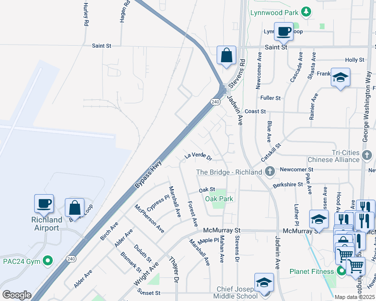 map of restaurants, bars, coffee shops, grocery stores, and more near 1212 Covina Court in Richland