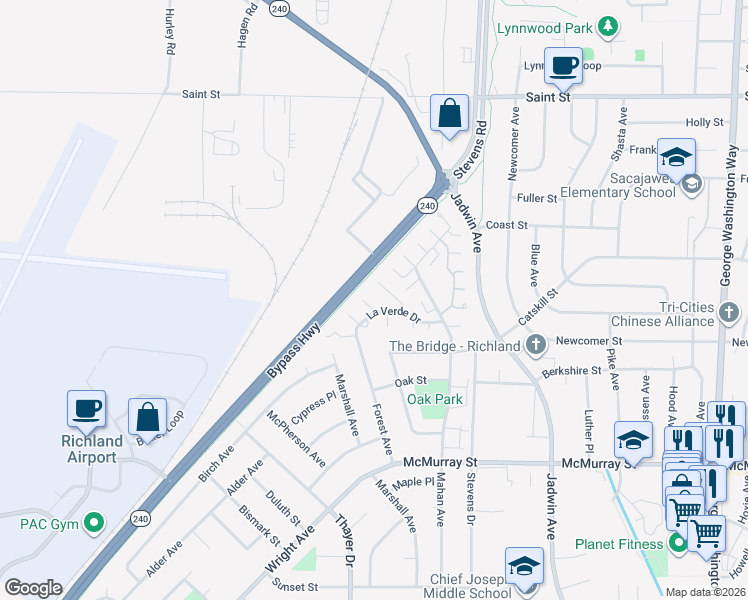 map of restaurants, bars, coffee shops, grocery stores, and more near 1210 Covina Court in Richland