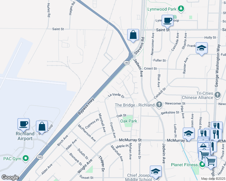 map of restaurants, bars, coffee shops, grocery stores, and more near 1212 Covina Court in Richland