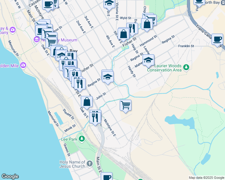 map of restaurants, bars, coffee shops, grocery stores, and more near 639 John Street in North Bay