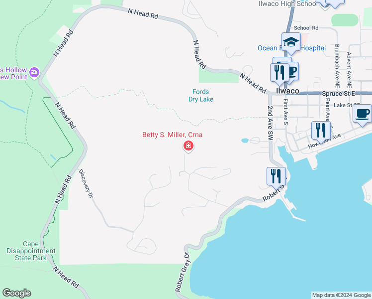 map of restaurants, bars, coffee shops, grocery stores, and more near 2128 Wecoma Place Southwest in Ilwaco