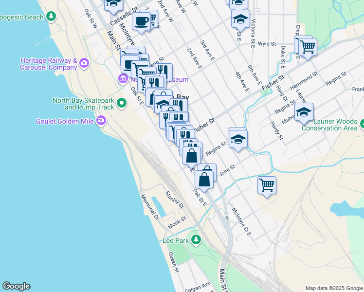 map of restaurants, bars, coffee shops, grocery stores, and more near 420 Main Street East in North Bay