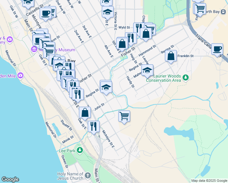 map of restaurants, bars, coffee shops, grocery stores, and more near Second Avenue East in North Bay