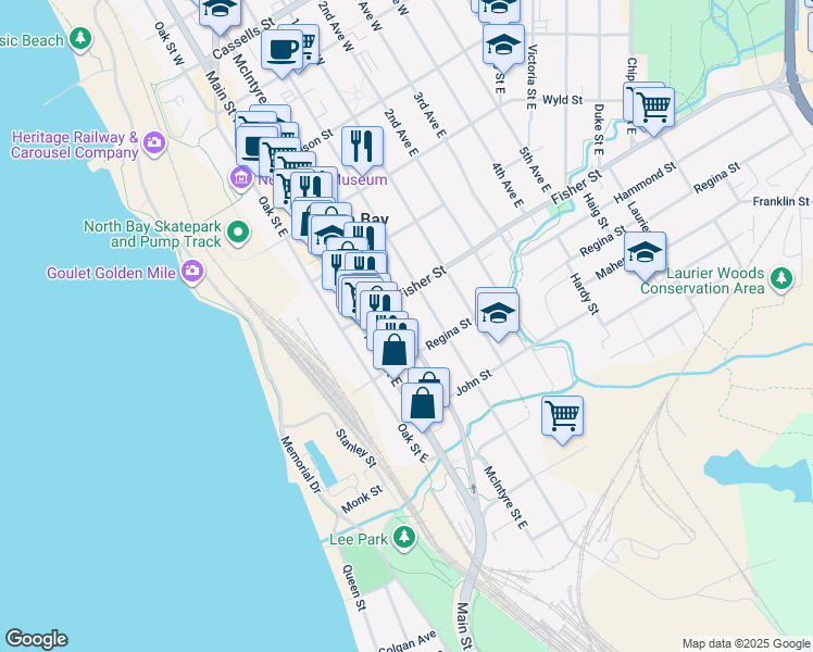 map of restaurants, bars, coffee shops, grocery stores, and more near 448 McIntyre Street East in North Bay