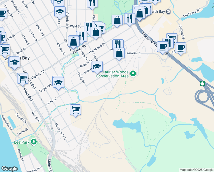 map of restaurants, bars, coffee shops, grocery stores, and more near in North Bay