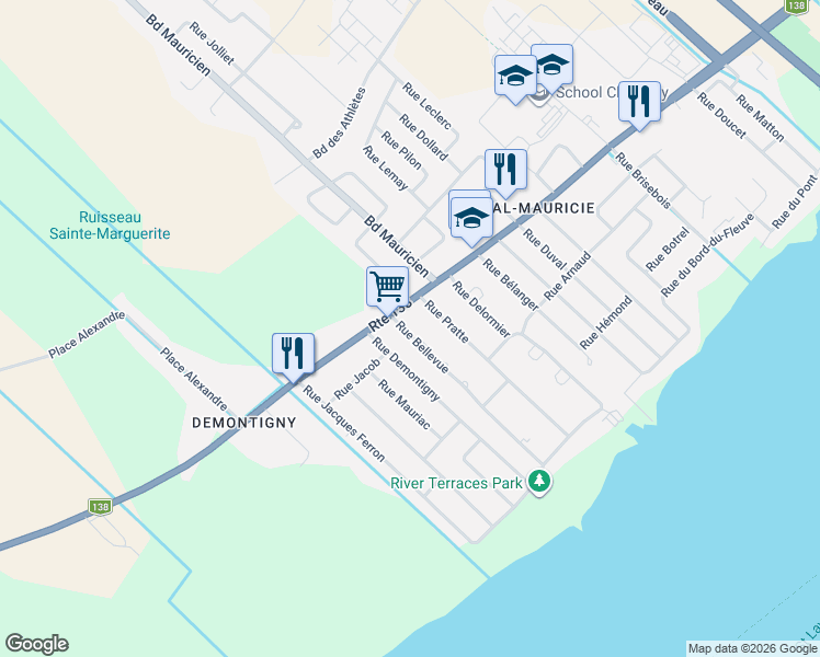map of restaurants, bars, coffee shops, grocery stores, and more near 218 Rue Bellevue in Trois-Rivières