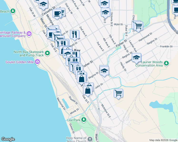 map of restaurants, bars, coffee shops, grocery stores, and more near 455 Worthington Street East in North Bay