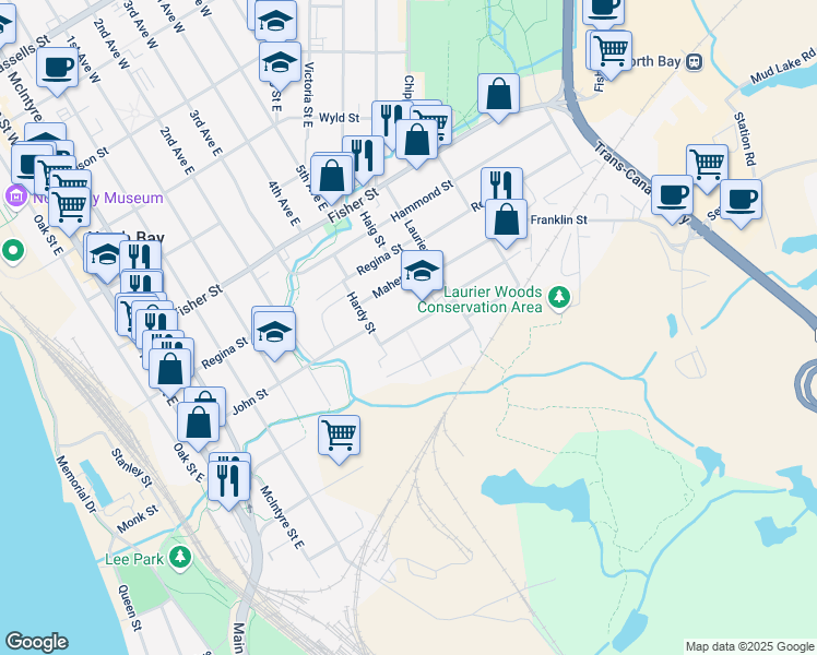 map of restaurants, bars, coffee shops, grocery stores, and more near 916 Brookes Street in North Bay