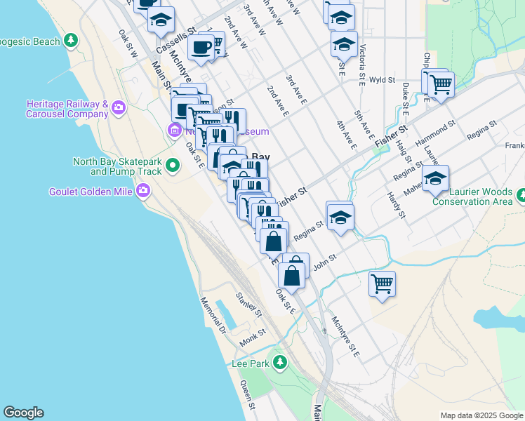 map of restaurants, bars, coffee shops, grocery stores, and more near 420 Main Street East in North Bay