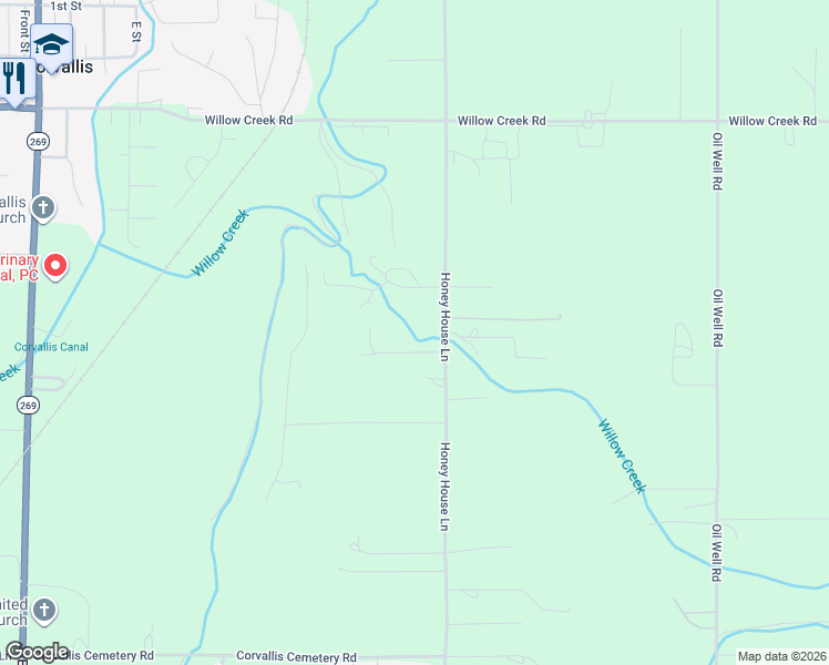 map of restaurants, bars, coffee shops, grocery stores, and more near 1011 Honey House Lane in Corvallis