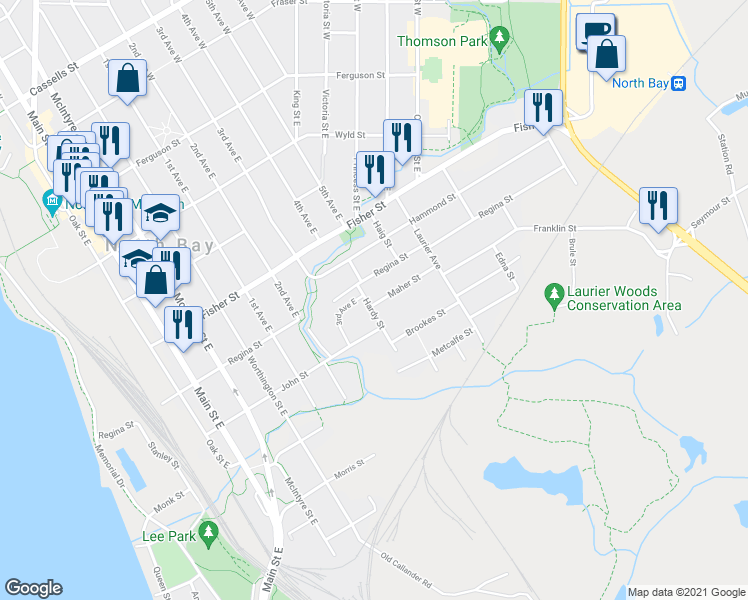 map of restaurants, bars, coffee shops, grocery stores, and more near 908 Maher Street in North Bay