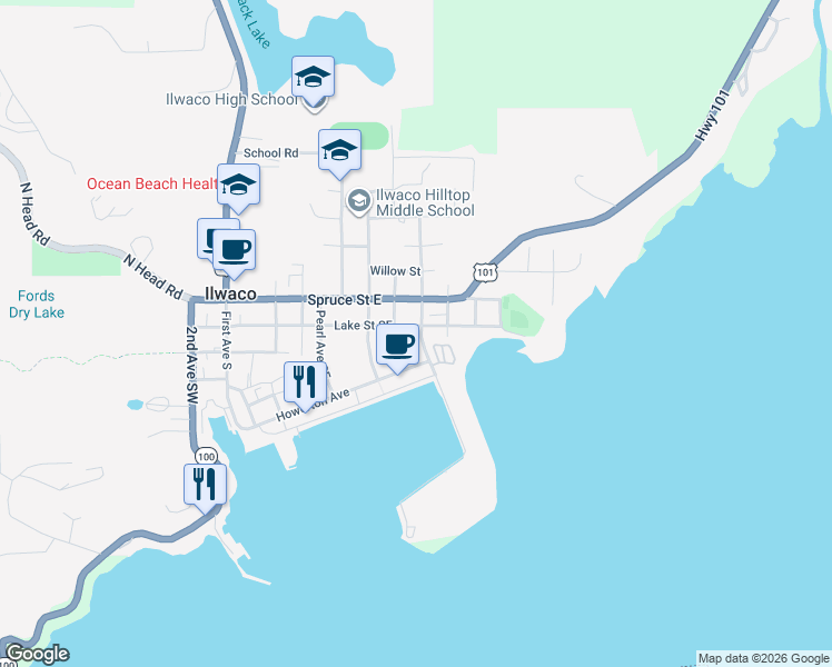 map of restaurants, bars, coffee shops, grocery stores, and more near 607 Lake Street Southeast in Ilwaco