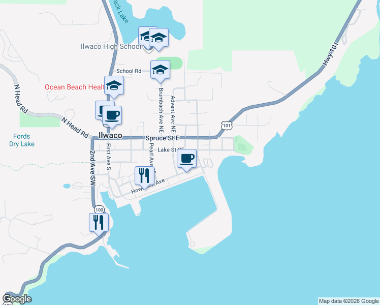 map of restaurants, bars, coffee shops, grocery stores, and more near 607 Lake Street Southeast in Ilwaco