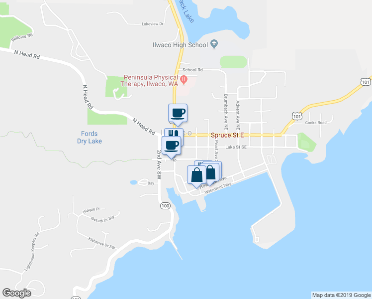 map of restaurants, bars, coffee shops, grocery stores, and more near 115 Lake Street Southeast in Ilwaco