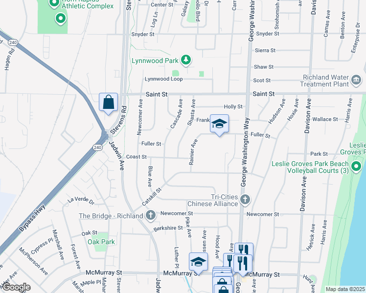 map of restaurants, bars, coffee shops, grocery stores, and more near 2100-2198 Rainier Avenue in Richland