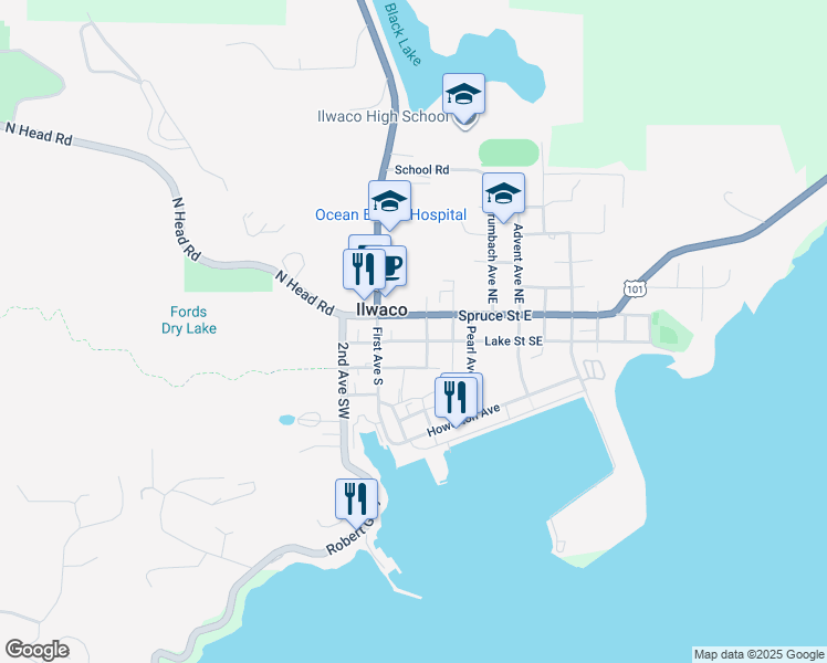 map of restaurants, bars, coffee shops, grocery stores, and more near 115 Lake Street Southeast in Ilwaco