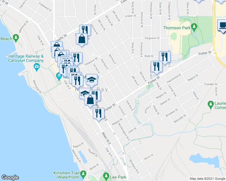 map of restaurants, bars, coffee shops, grocery stores, and more near 282 1st Avenue East in North Bay