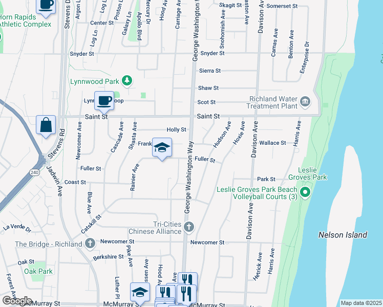 map of restaurants, bars, coffee shops, grocery stores, and more near 505 Franklin Street in Richland