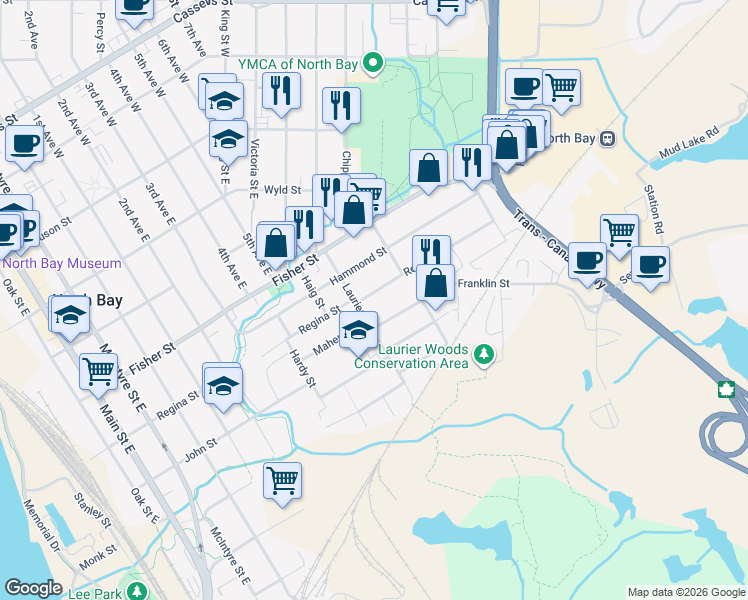 map of restaurants, bars, coffee shops, grocery stores, and more near 1127 Regina Street in North Bay