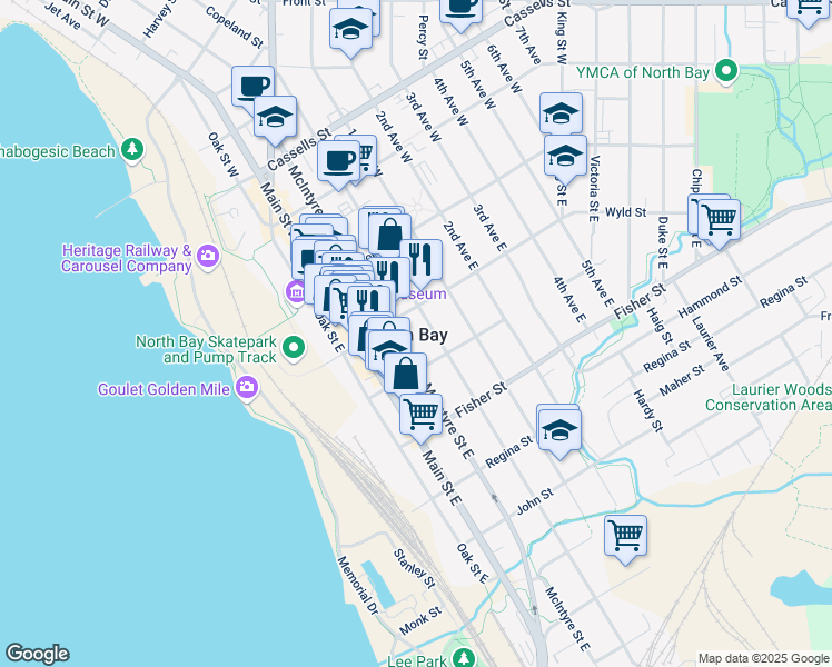 map of restaurants, bars, coffee shops, grocery stores, and more near 200 McIntyre Street East in North Bay