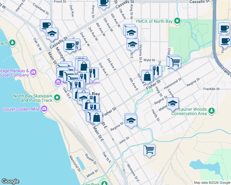 map of restaurants, bars, coffee shops, grocery stores, and more near 683 Sherbrooke Street in North Bay