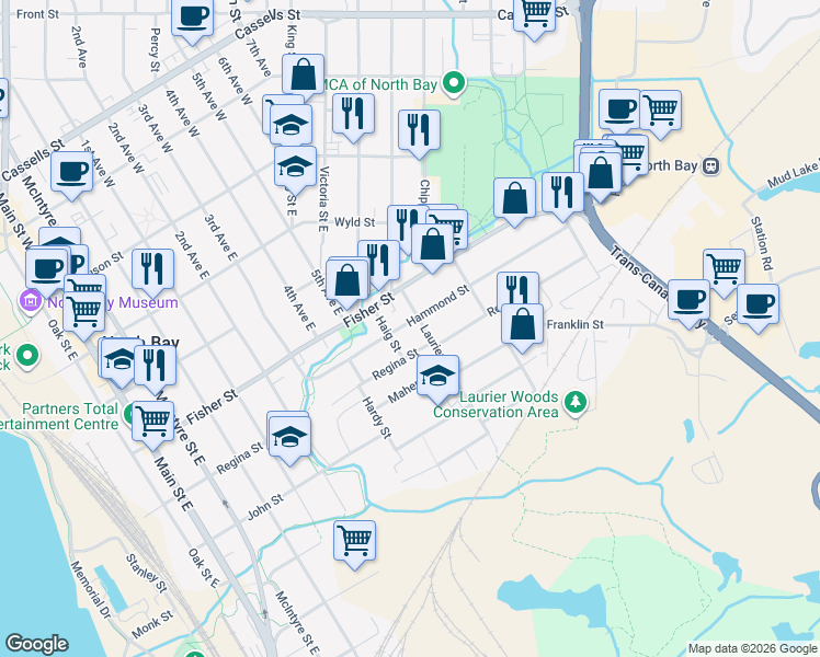 map of restaurants, bars, coffee shops, grocery stores, and more near 1059 Hammond Street in North Bay