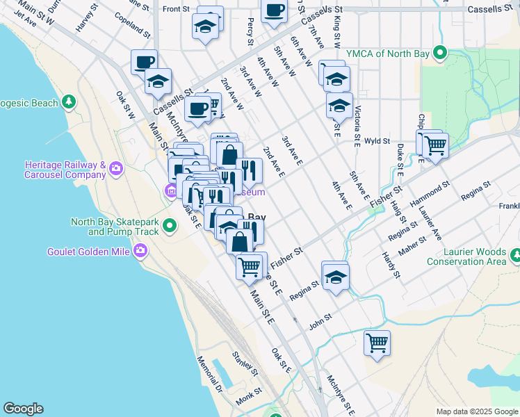 map of restaurants, bars, coffee shops, grocery stores, and more near in North Bay