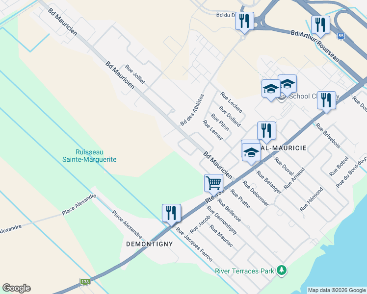 map of restaurants, bars, coffee shops, grocery stores, and more near 452 Rue Jeanne Mance in Trois-Rivières