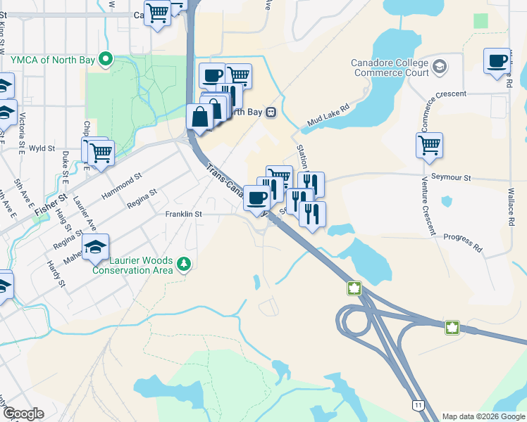 map of restaurants, bars, coffee shops, grocery stores, and more near 1440 Seymour Street in North Bay