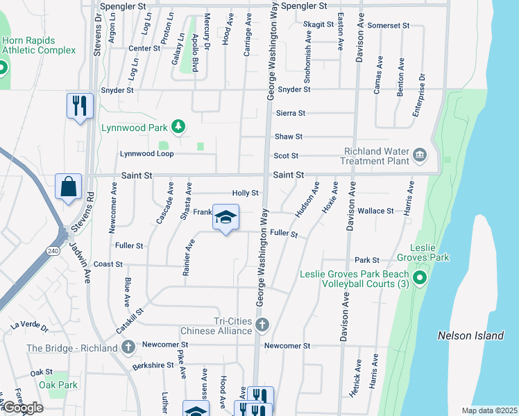 map of restaurants, bars, coffee shops, grocery stores, and more near 505 Franklin Street in Richland