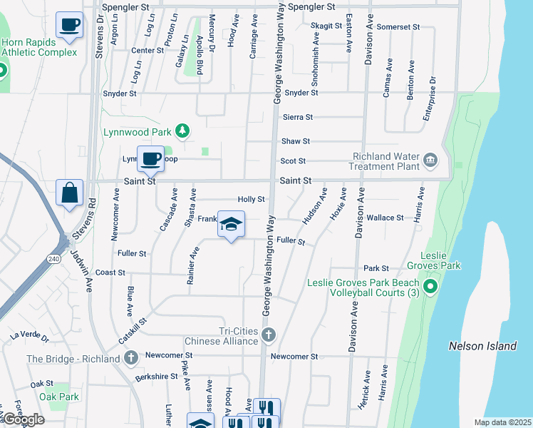 map of restaurants, bars, coffee shops, grocery stores, and more near 505 Franklin Street in Richland