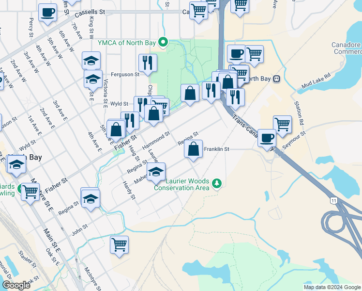 map of restaurants, bars, coffee shops, grocery stores, and more near 1229 Regina Street in North Bay