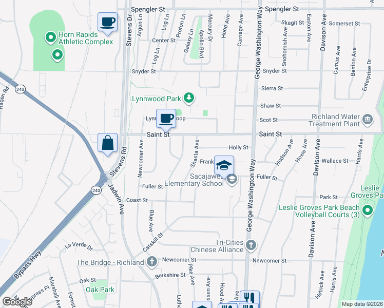 map of restaurants, bars, coffee shops, grocery stores, and more near 2167 Shasta Avenue in Richland