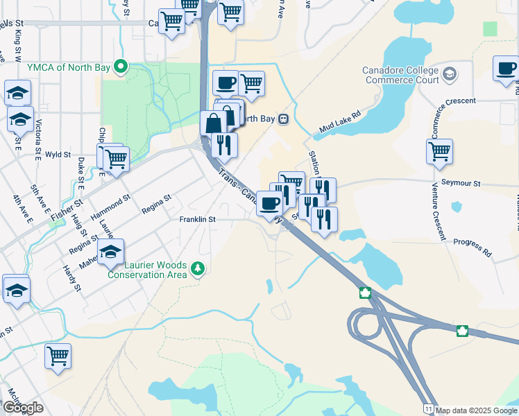 map of restaurants, bars, coffee shops, grocery stores, and more near 114 Drury Street in North Bay