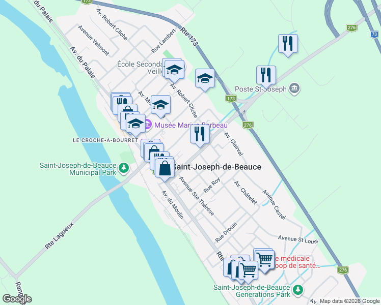 map of restaurants, bars, coffee shops, grocery stores, and more near 175 Côte Taschereau in Saint-Joseph-de-Beauce