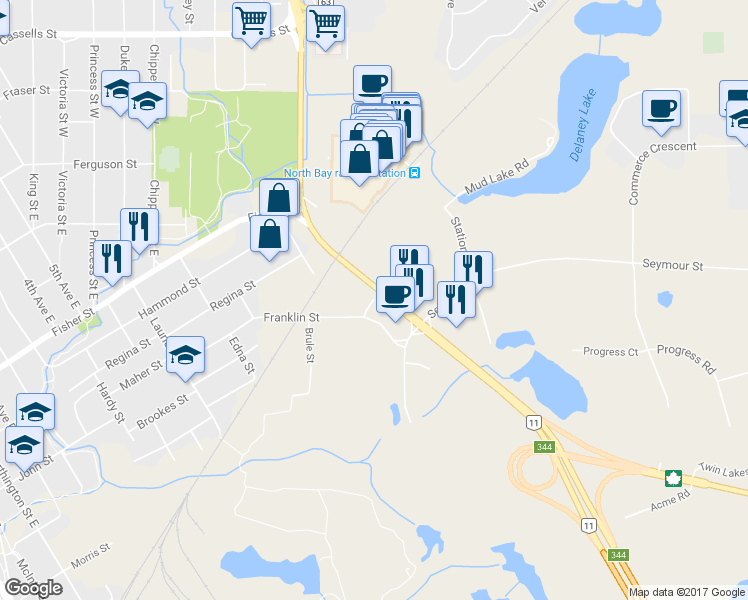 map of restaurants, bars, coffee shops, grocery stores, and more near 114 Drury St in North Bay