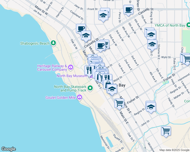 map of restaurants, bars, coffee shops, grocery stores, and more near 207 Ferguson Street in North Bay