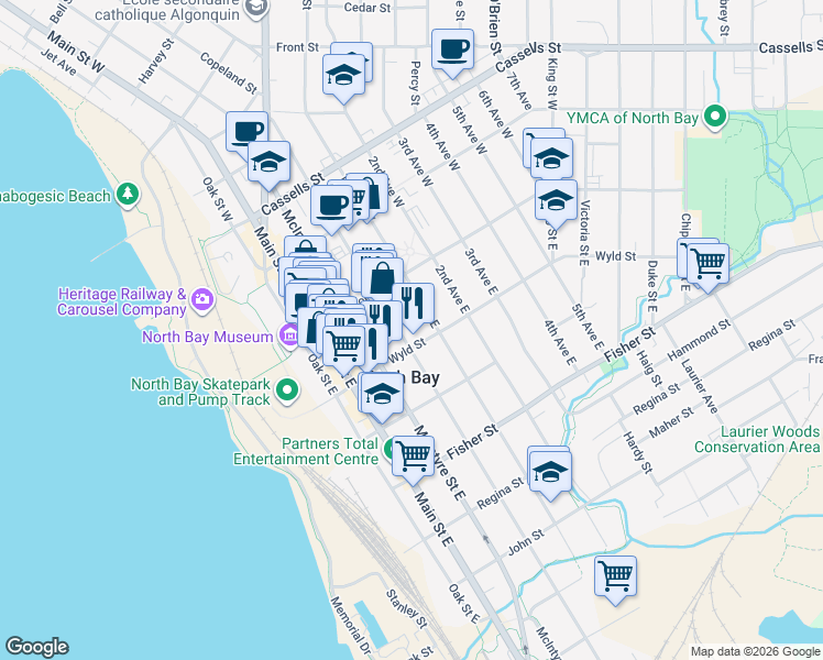 map of restaurants, bars, coffee shops, grocery stores, and more near 182 Worthington Street East in North Bay