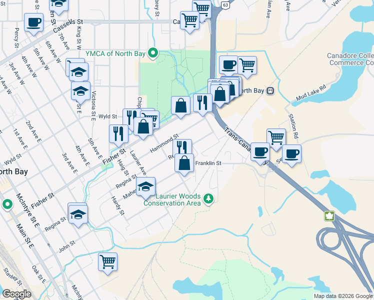 map of restaurants, bars, coffee shops, grocery stores, and more near 1309 Regina Street in North Bay