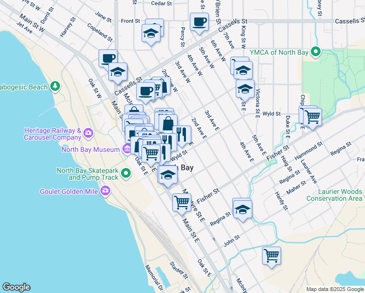 map of restaurants, bars, coffee shops, grocery stores, and more near 134 Worthington Street East in North Bay