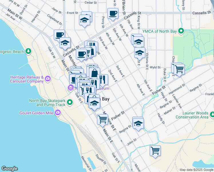 map of restaurants, bars, coffee shops, grocery stores, and more near 590 Wyld Street in North Bay