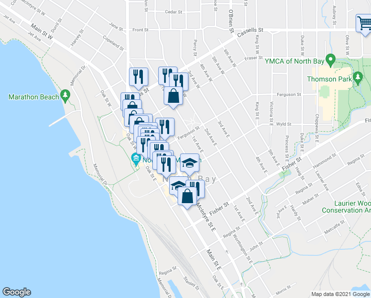 map of restaurants, bars, coffee shops, grocery stores, and more near 134 Worthington Street East in North Bay