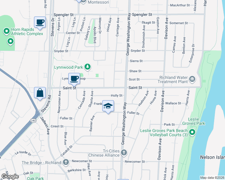 map of restaurants, bars, coffee shops, grocery stores, and more near 533 Saint Street in Richland