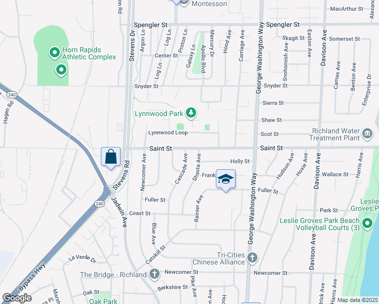 map of restaurants, bars, coffee shops, grocery stores, and more near 621 Saint Street in Richland