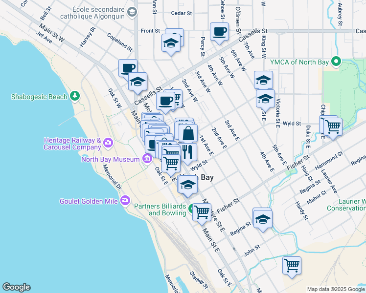 map of restaurants, bars, coffee shops, grocery stores, and more near 101 Worthington Street East in North Bay