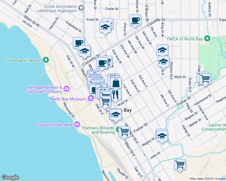 map of restaurants, bars, coffee shops, grocery stores, and more near 101 Worthington Street East in North Bay