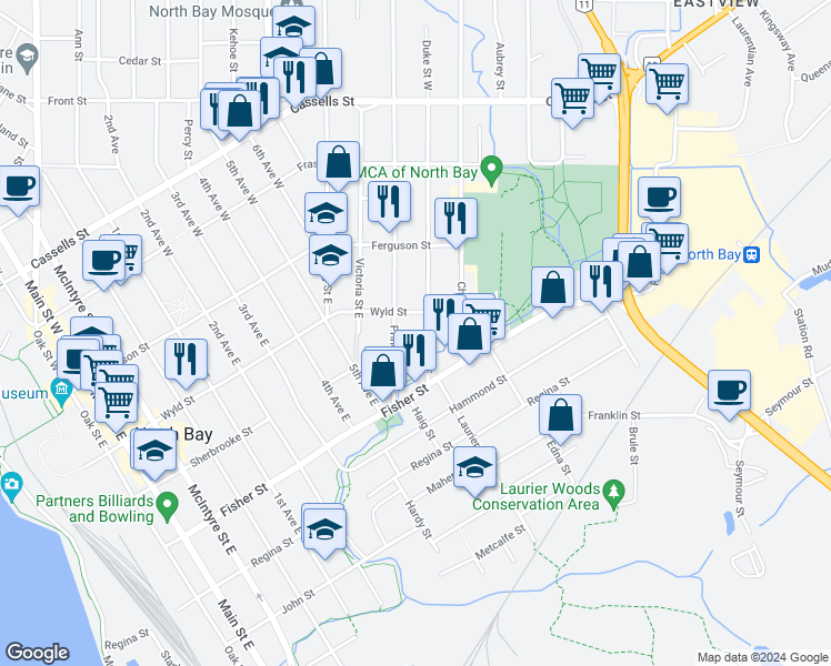 map of restaurants, bars, coffee shops, grocery stores, and more near 190 Princess Street East in North Bay