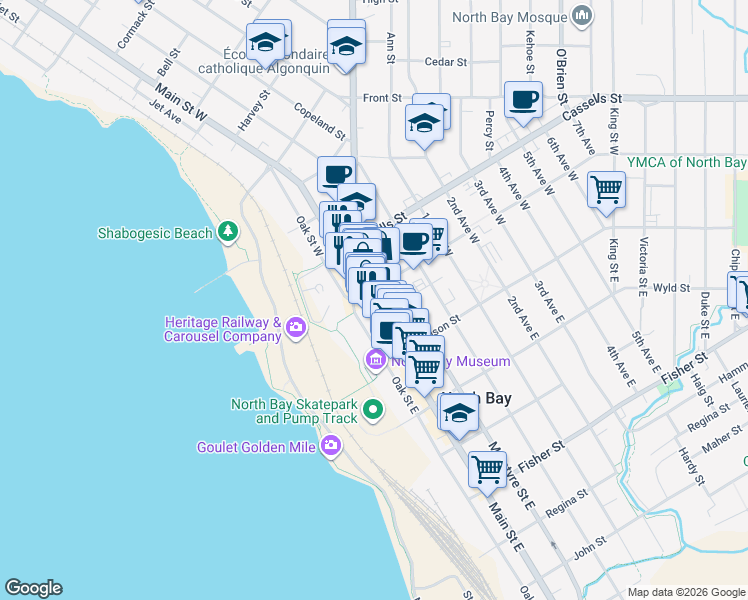 map of restaurants, bars, coffee shops, grocery stores, and more near 190 Main Street West in North Bay