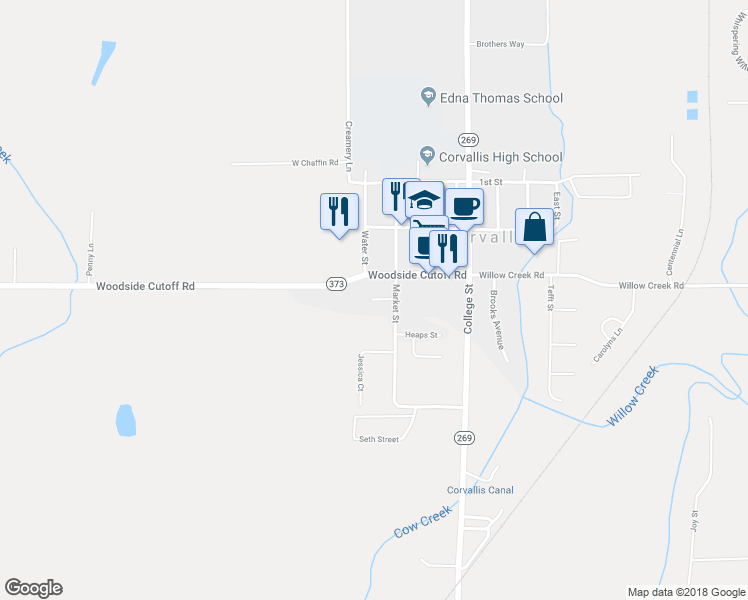 map of restaurants, bars, coffee shops, grocery stores, and more near 301 Courtyard Circle in Corvallis